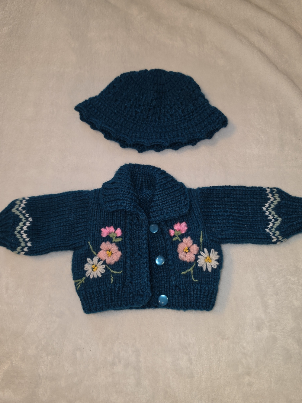 18 Inch Doll - Hand-Knit Floral Sweater & Hat Set